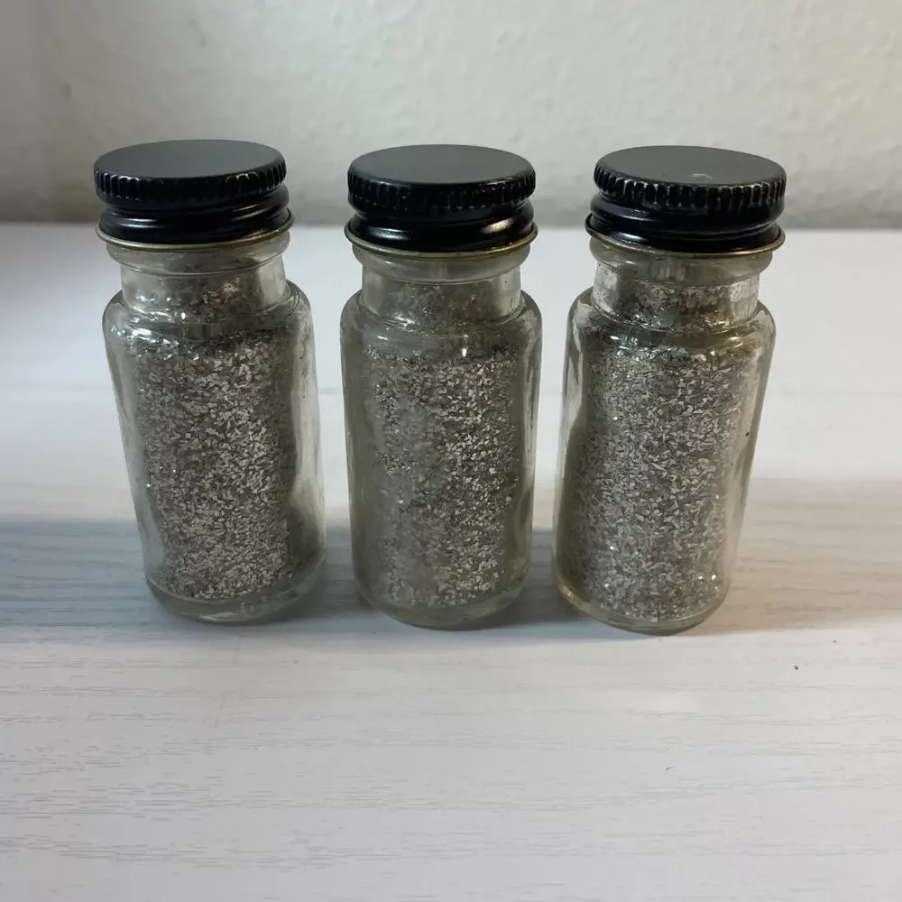 RARE Vintage 1940s Nobema Mirro Metallics Glass Glitter Flakes Jars Lot of 3